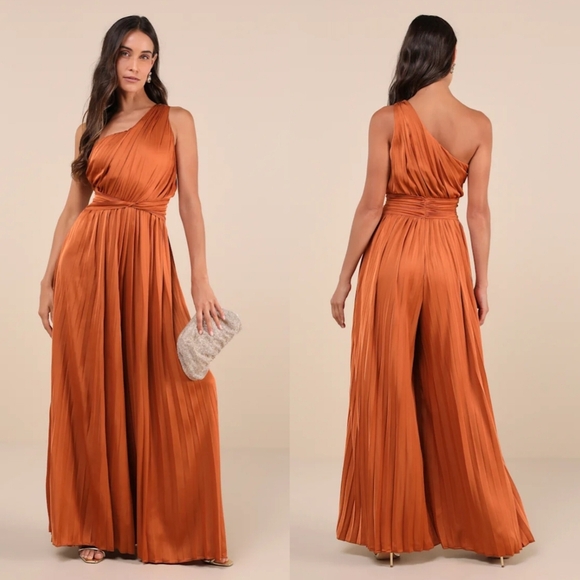 Lulus Exquisite Always Rust Orange Pleated Satin One-Shoulder Jumpsuit S Wedding - Picture 1 of 11